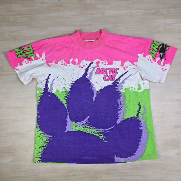 Vintage Arctic Cat Shirt Mens Large Pink Purple AOP Graphic Tee AXO 90s - Picture 1 of 9